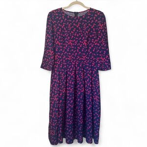 Elegant Navy and Red Floral A-Line Midi Dress with 3/4 Sleeves and Pockets